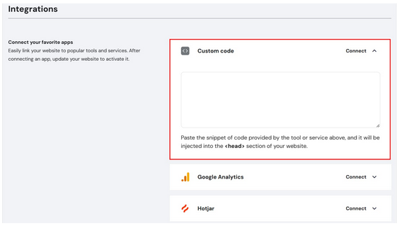 Hostinger Integrations panel with the Custom Code field