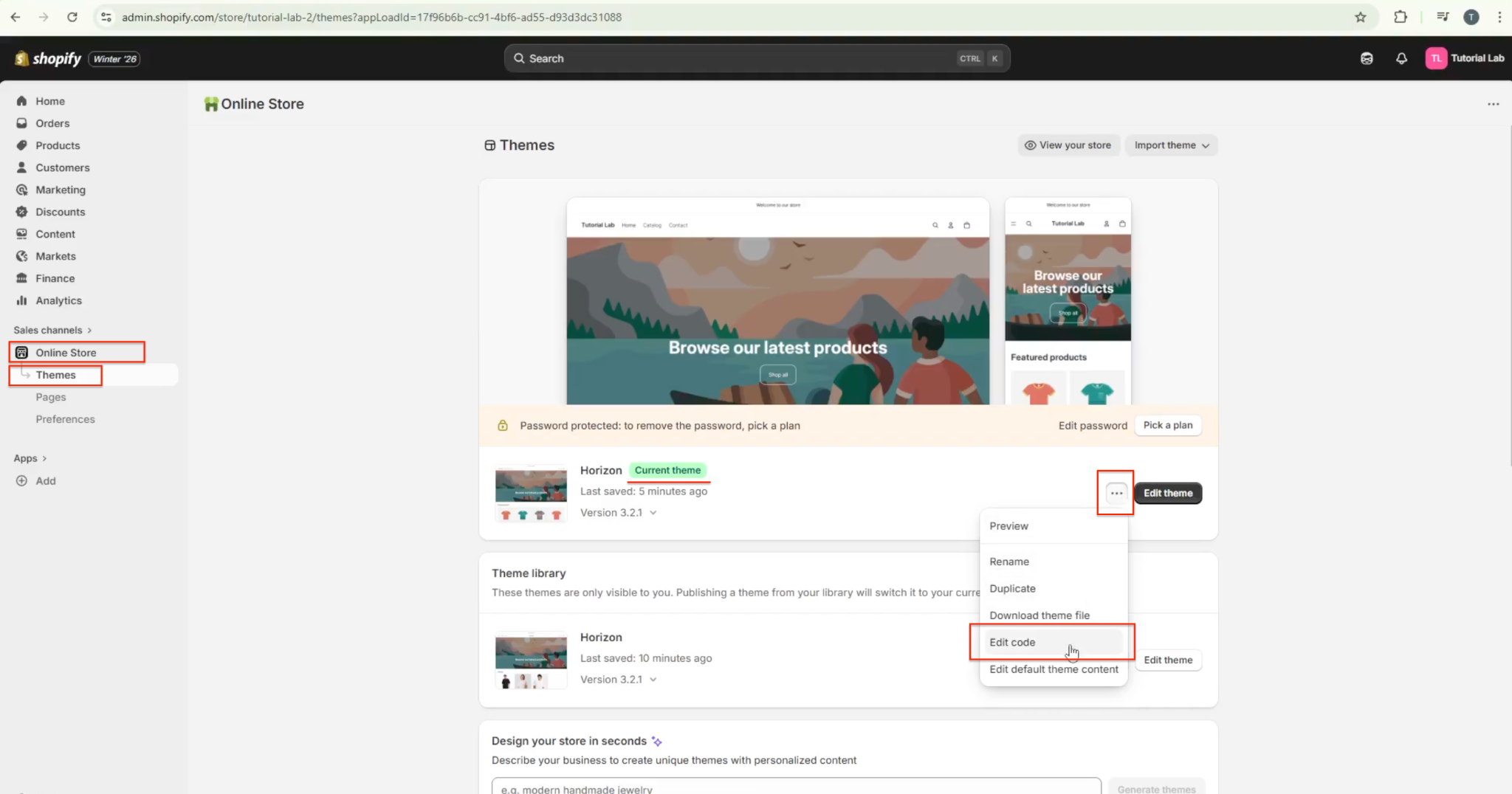 Shopify Themes page with Edit code highlighted in the theme actions menu