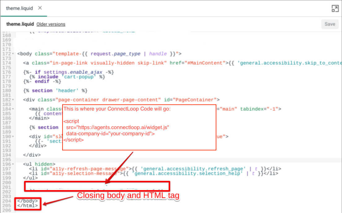 theme.liquid file showing the ConnectLoop embed code pasted before the closing body tag