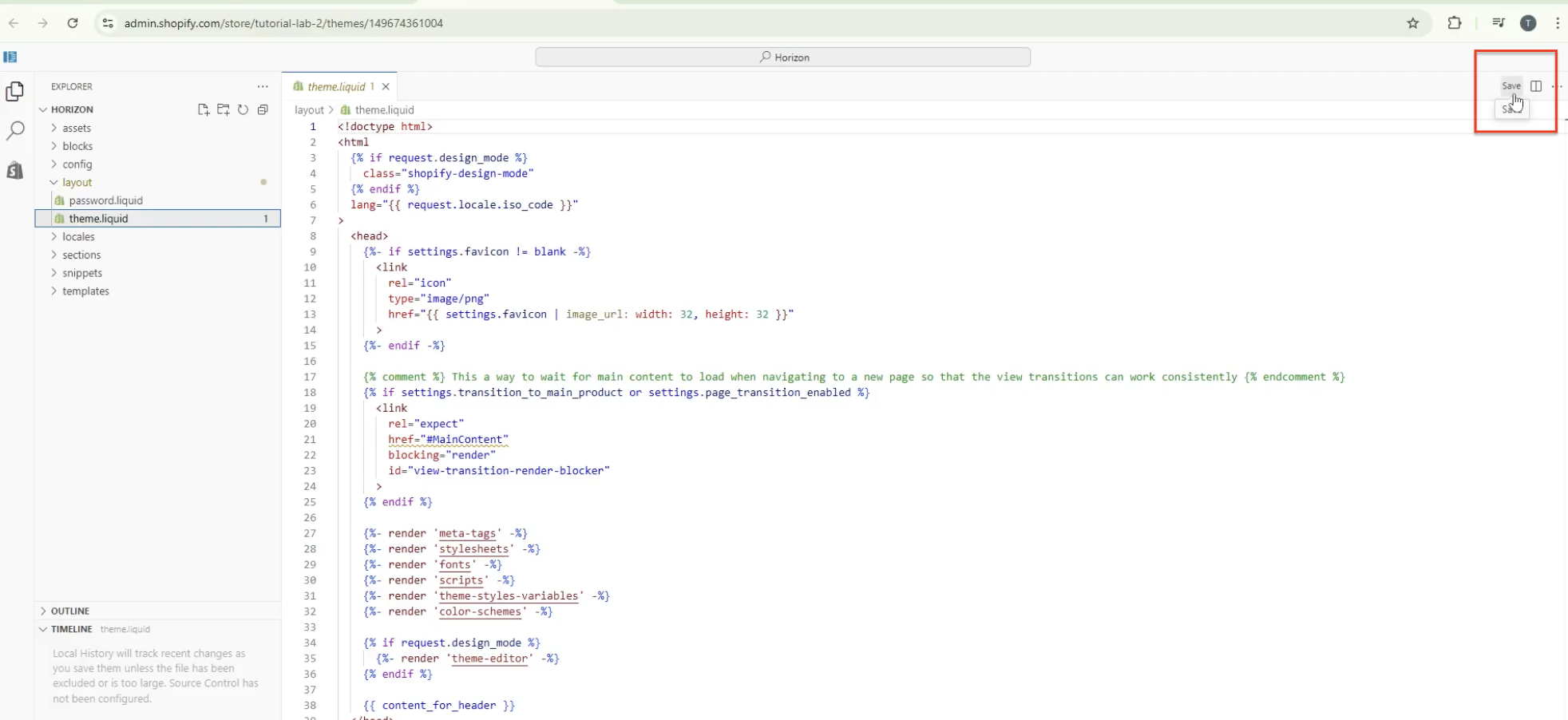 Shopify code editor with the Save button highlighted in the top right