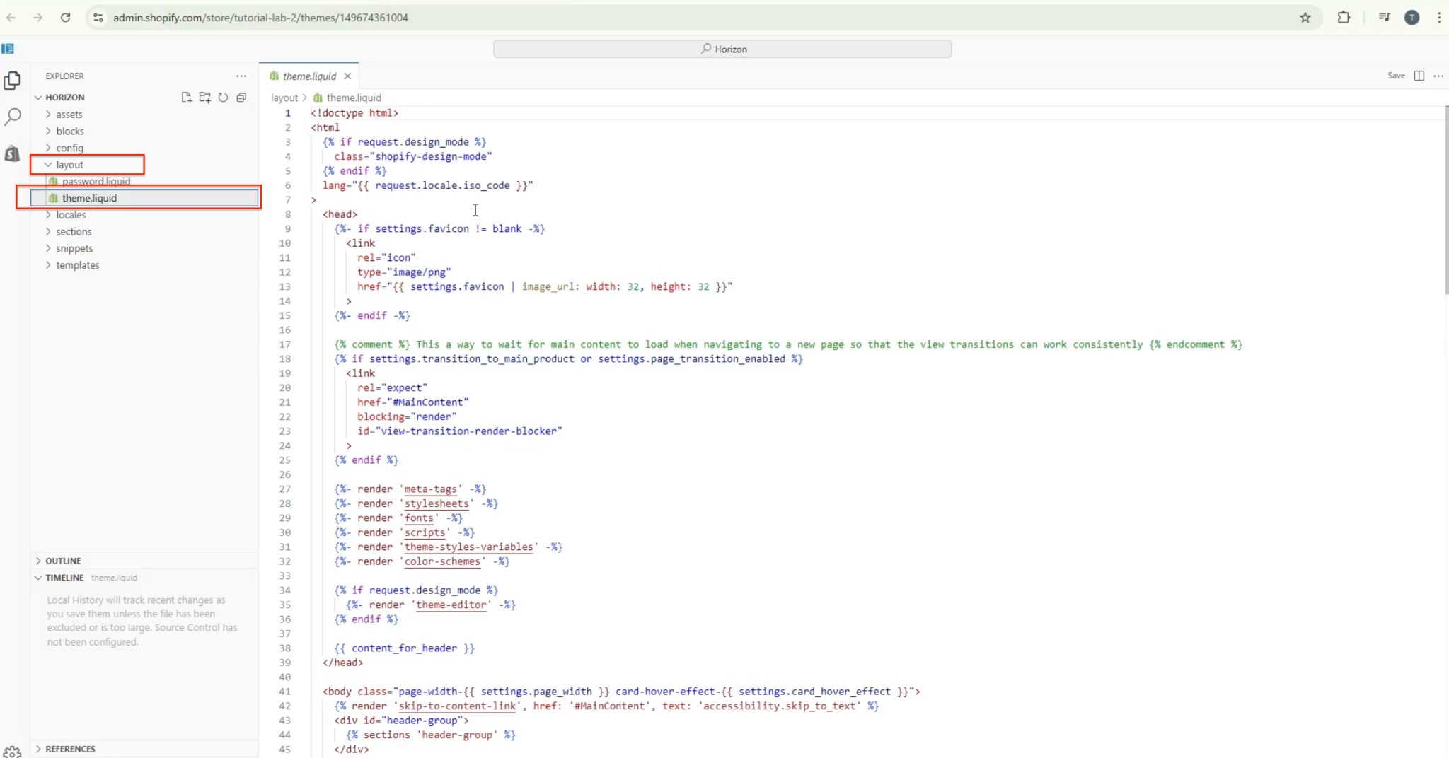 Shopify code editor with theme.liquid selected under the Layout folder