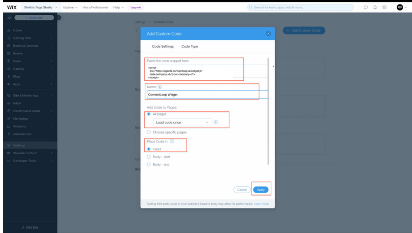 Wix Custom Code panel with Apply button