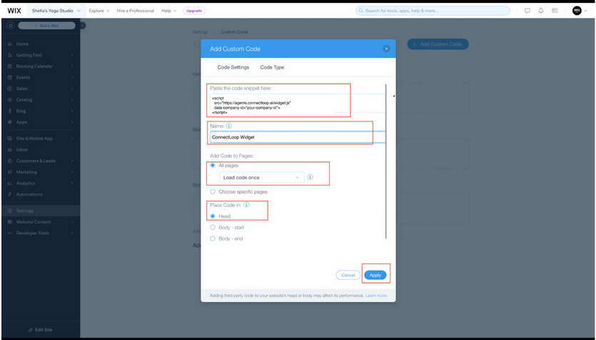 Wix Add Custom Code panel with ConnectLoop embed code and name filled in