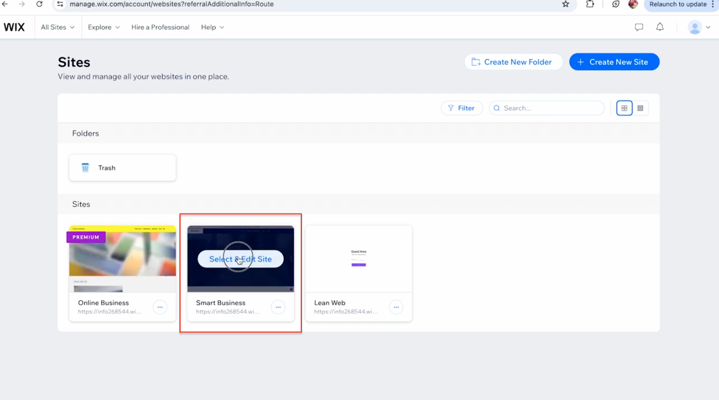 Wix Sites page with the target site highlighted