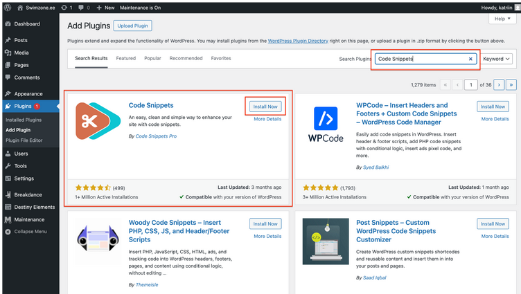 Code Snippets plugin in search results with Install Now button
