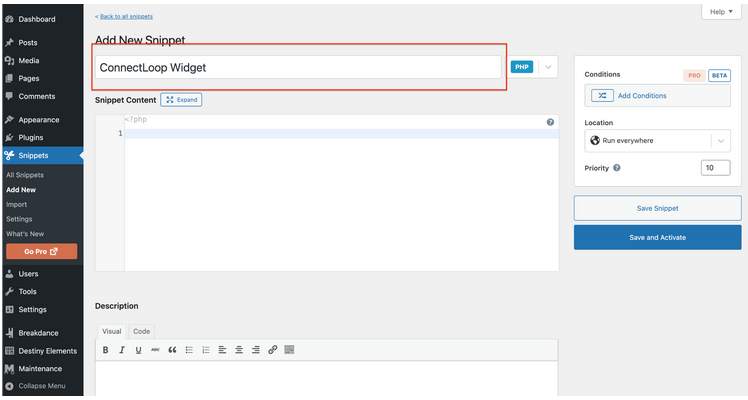 Snippet title field with ConnectLoop Widget entered