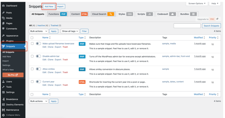 WordPress Snippets page with Add New button highlighted
