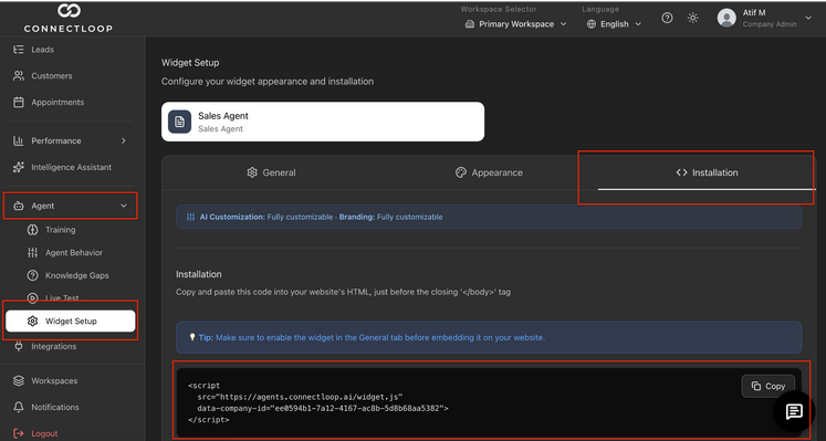 ConnectLoop dashboard showing where to find the Widget Setup and embed code